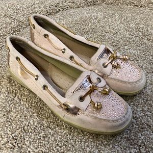 Rose gold suede sperry